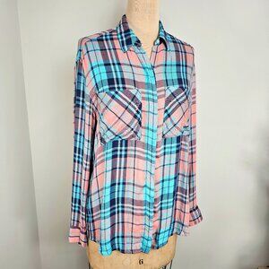 Express Teal & Coral Plaid Roll-Tab Button Down Shirt Small